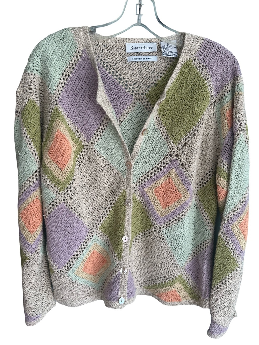 Vintage Hand Knit Linen Silk Cotton Pastel Diamond Patchwork Crochet Cardigan